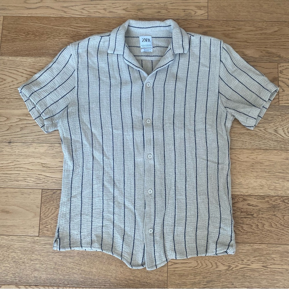 Zara Stripe Short Sleeve Button Down Shirt Vacation Tulum Woven Quiet Luxury